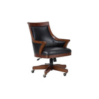Howard Miller Smoot Club Chair II - Wooden Finish, Black Faux Leather Cushioned Retro Seat, Weight Capacity for Kitchen, Living Room, Farm House Or Home Decor with Ball Caster Legs