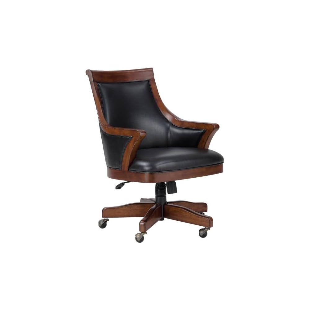 Howard Miller Smoot Club Chair II - Wooden Finish, Black Faux Leather Cushioned Retro Seat, Weight Capacity for Kitchen, Living Room, Farm House Or Home Decor with Ball Caster Legs