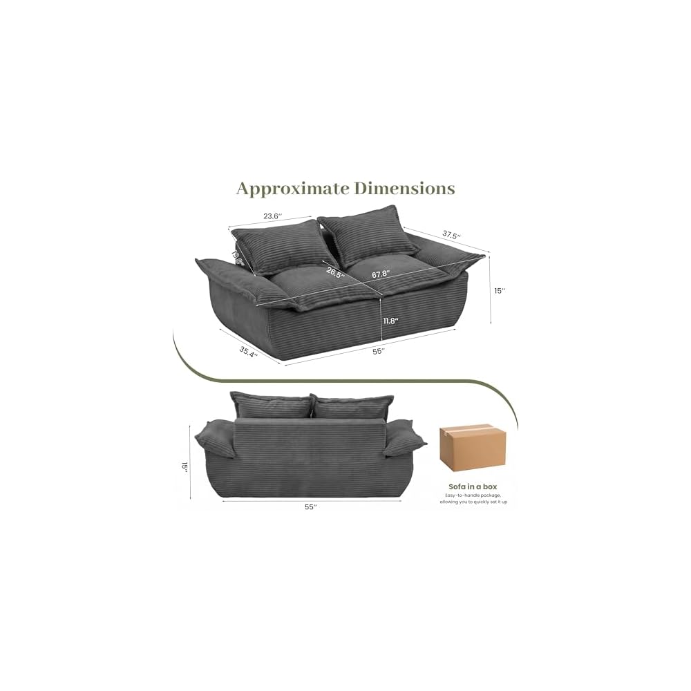 JUIKURY 55" Convertible Corduroy Sofa Bed, Boneless Foldable Loveseat Sleeper Couch, Compressed Foam Floor Sofa with Removable Cushions & Pillows for Small Space Living Room