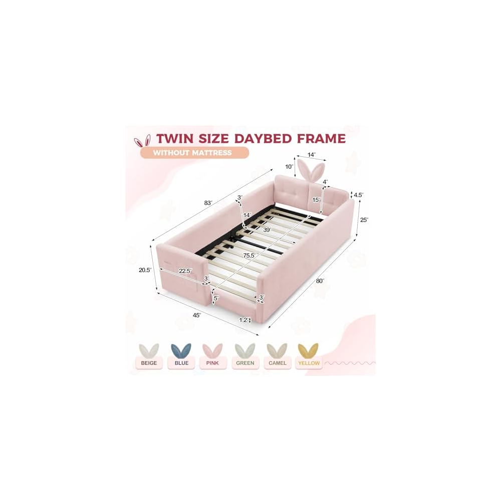 Twin Daybed Frame for Kids, Upholstered Comfy Day Bed Frame with Cartoon Rabbit Bunny Ear Headboard, Boucle Tufted Sofa Bed with Side Pocket for Bedroom Kids’ Room Playroom, No Box Spring Needed, Pink