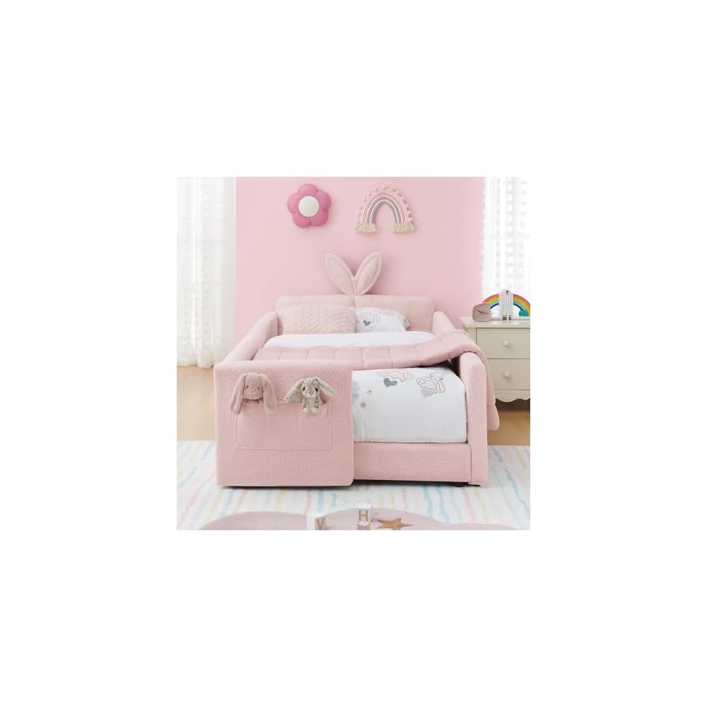 Twin Daybed Frame for Kids, Upholstered Comfy Day Bed Frame with Cartoon Rabbit Bunny Ear Headboard, Boucle Tufted Sofa Bed with Side Pocket for Bedroom Kids’ Room Playroom, No Box Spring Needed, Pink