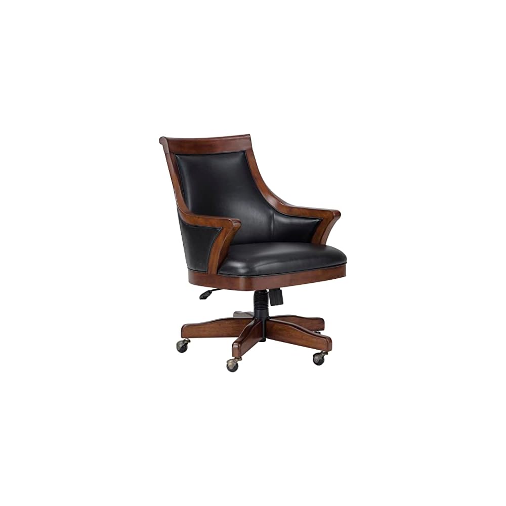 Howard Miller Smoot Club Chair II - Wooden Finish, Black Faux Leather Cushioned Retro Seat, Weight Capacity for Kitchen, Living Room, Farm House Or Home Decor with Ball Caster Legs