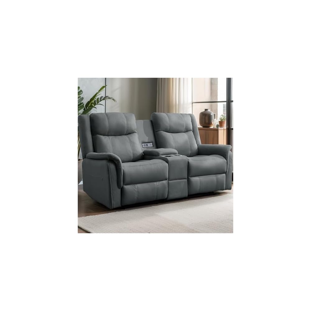 Korser Loveseat Recliner Sofa, Reclining Loveseat Couch, Reclining Couch with Console, USB Port, US Outlets, and Cup Holders, 2-Seater Sofa for Living Room