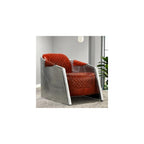 Brown Leather Accent Chair with Quilted Seat and Riveted Aluminum Sides