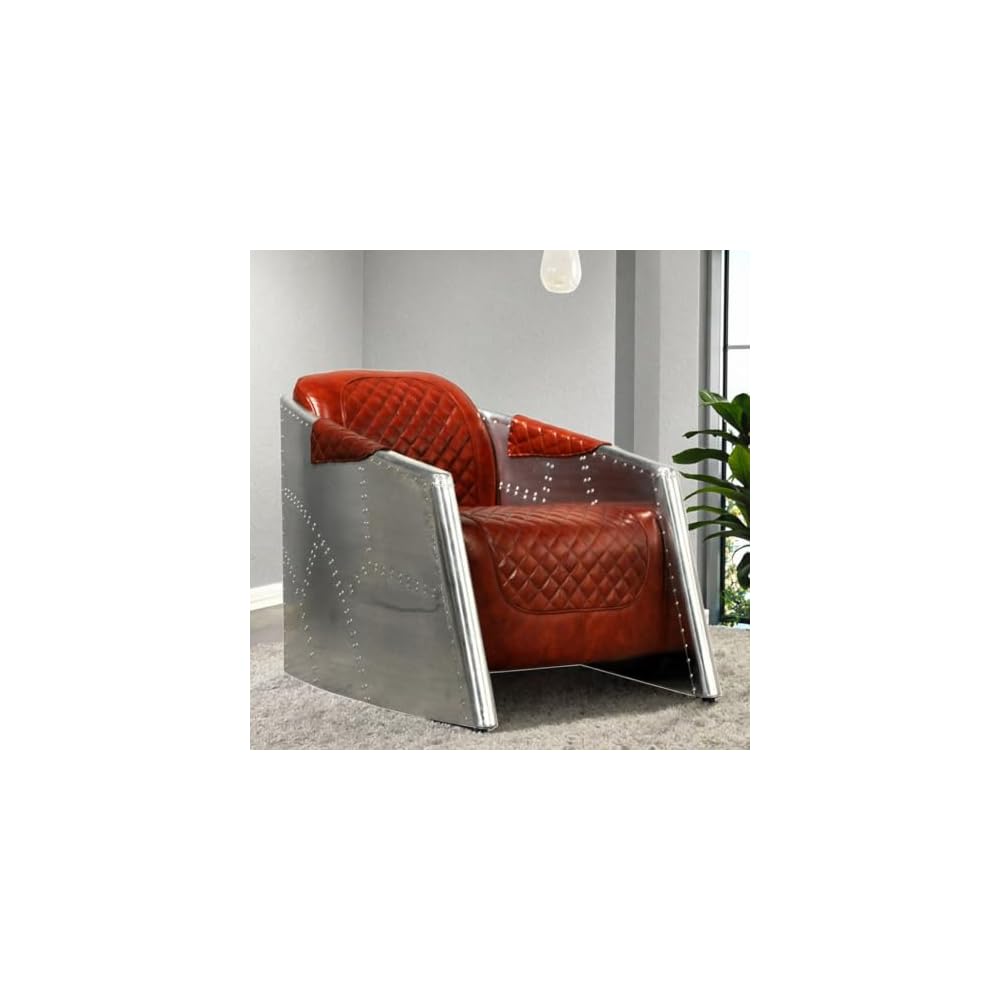 Brown Leather Accent Chair with Quilted Seat and Riveted Aluminum Sides