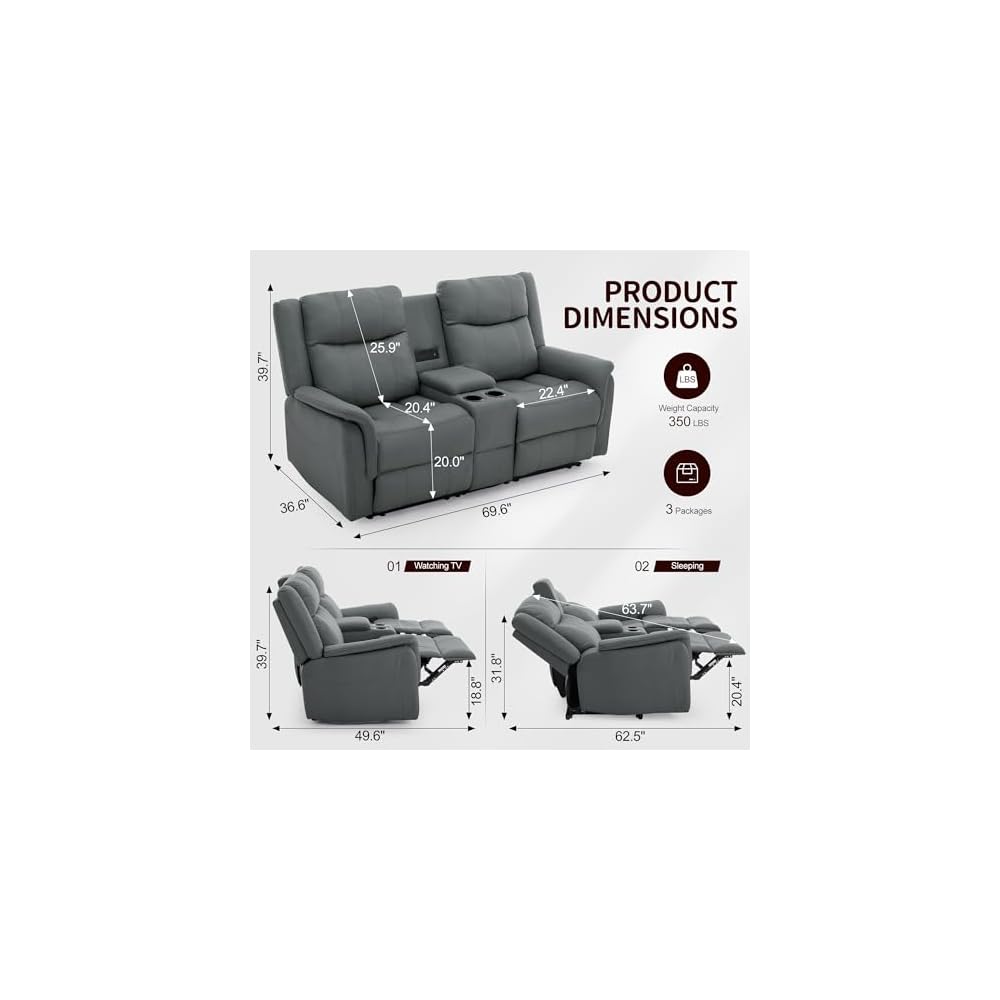 Korser Loveseat Recliner Sofa, Reclining Loveseat Couch, Reclining Couch with Console, USB Port, US Outlets, and Cup Holders, 2-Seater Sofa for Living Room