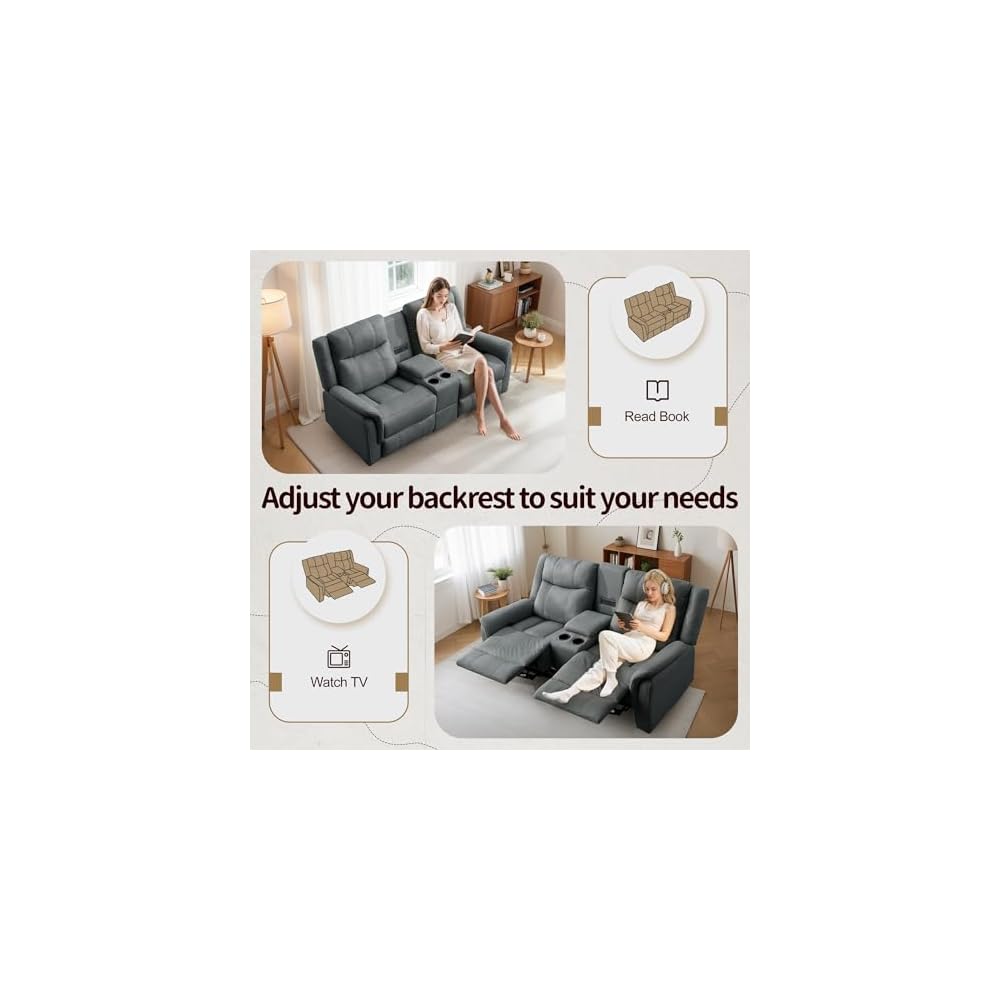 Korser Loveseat Recliner Sofa, Reclining Loveseat Couch, Reclining Couch with Console, USB Port, US Outlets, and Cup Holders, 2-Seater Sofa for Living Room