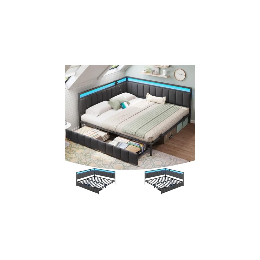 King Corner Bed Frame with 2 Storage Drawers,LED Lights & Charging Station