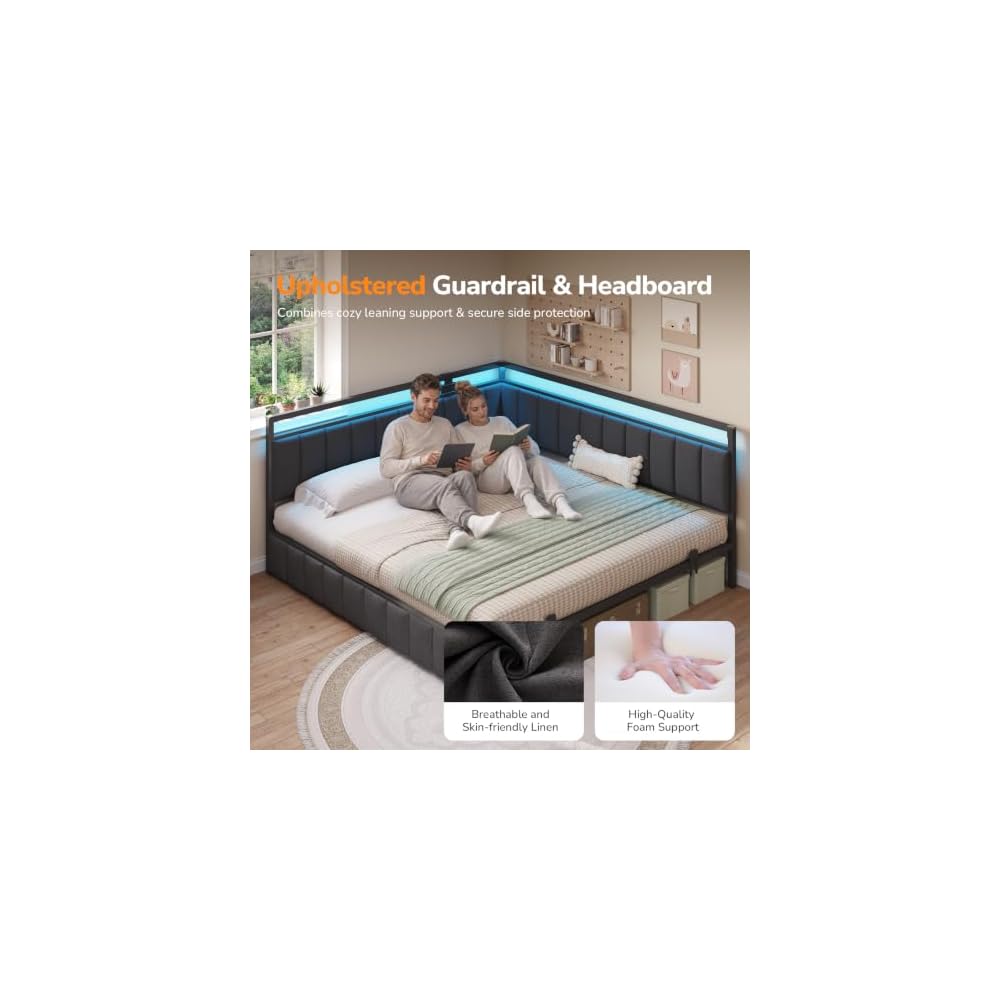 King Corner Bed Frame with 2 Storage Drawers,LED Lights & Charging Station