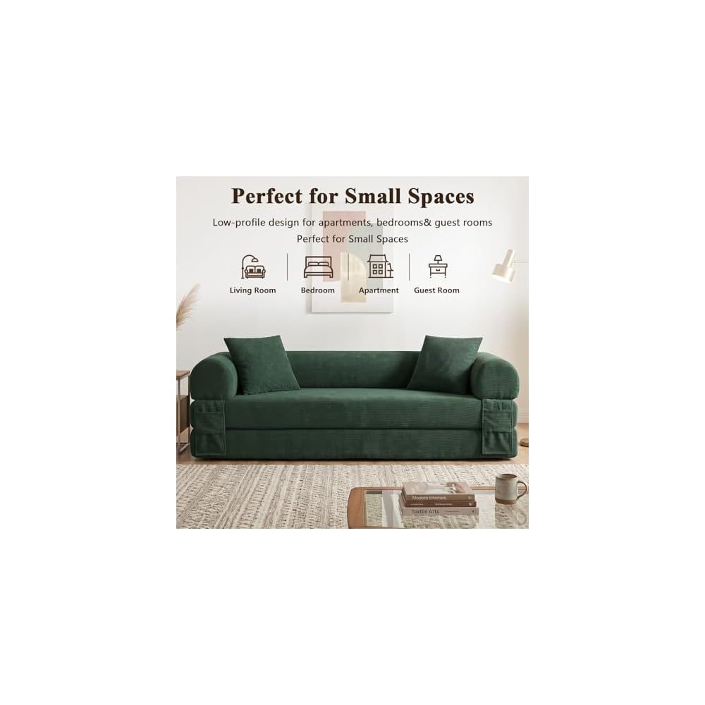 80” Convertible Sofa Bed, 3-in-1 Boneless Couch Bed with Deep Seat, Side Storage Pockets & 2 Pillows, Green Foldable Floor Couch for Living Room Apartment, 600 LBS Capacity (Dark Green)