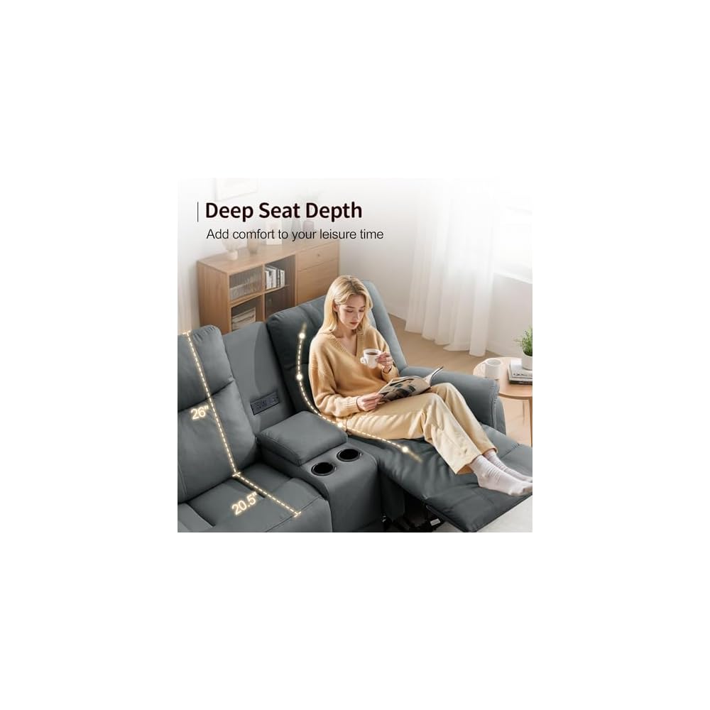 Korser Loveseat Recliner Sofa, Reclining Loveseat Couch, Reclining Couch with Console, USB Port, US Outlets, and Cup Holders, 2-Seater Sofa for Living Room
