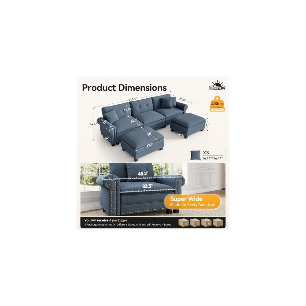 SUNSHINE VALLEY 116" Oversized Modular Sectional Couch U Shaped Living Room