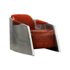 Brown Leather Accent Chair with Quilted Seat and Riveted Aluminum Sides