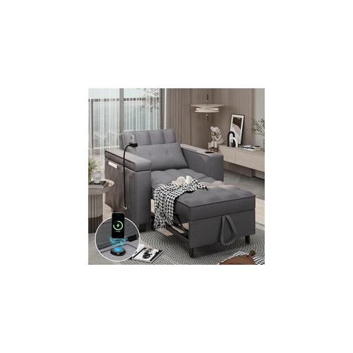 3-in-1 Convertible Chair Bed Sleeper with Phone Holder, Pull Out Sofa Bed with USB & Type C Port and Wireless Charging, Reading Chair with Adjustable Backrest for Living Room