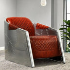 Brown Leather Accent Chair with Quilted Seat and Riveted Aluminum Sides