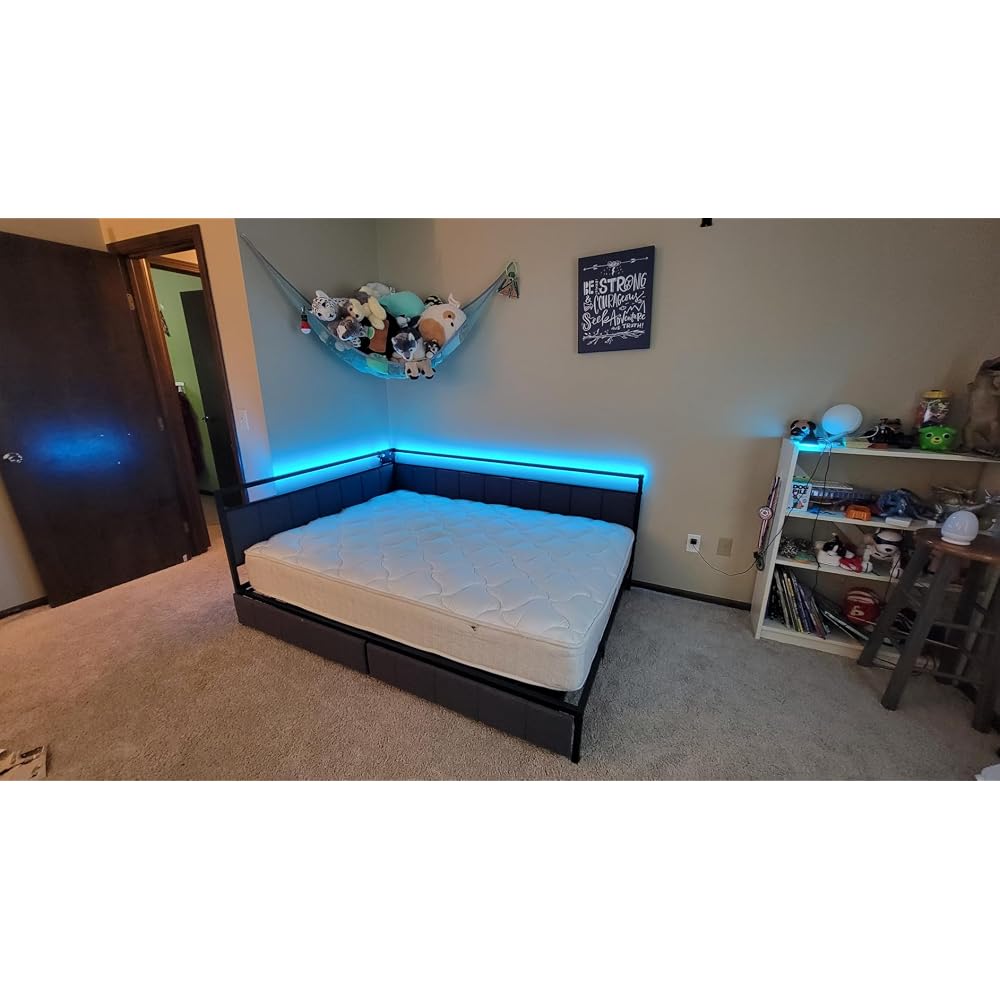 King Corner Bed Frame with 2 Storage Drawers,LED Lights & Charging Station