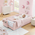 Twin Daybed Frame for Kids, Upholstered Comfy Day Bed Frame with Cartoon Rabbit Bunny Ear Headboard, Boucle Tufted Sofa Bed with Side Pocket for Bedroom Kids’ Room Playroom, No Box Spring Needed, Pink