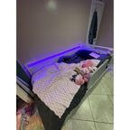 King Corner Bed Frame with 2 Storage Drawers,LED Lights & Charging Station