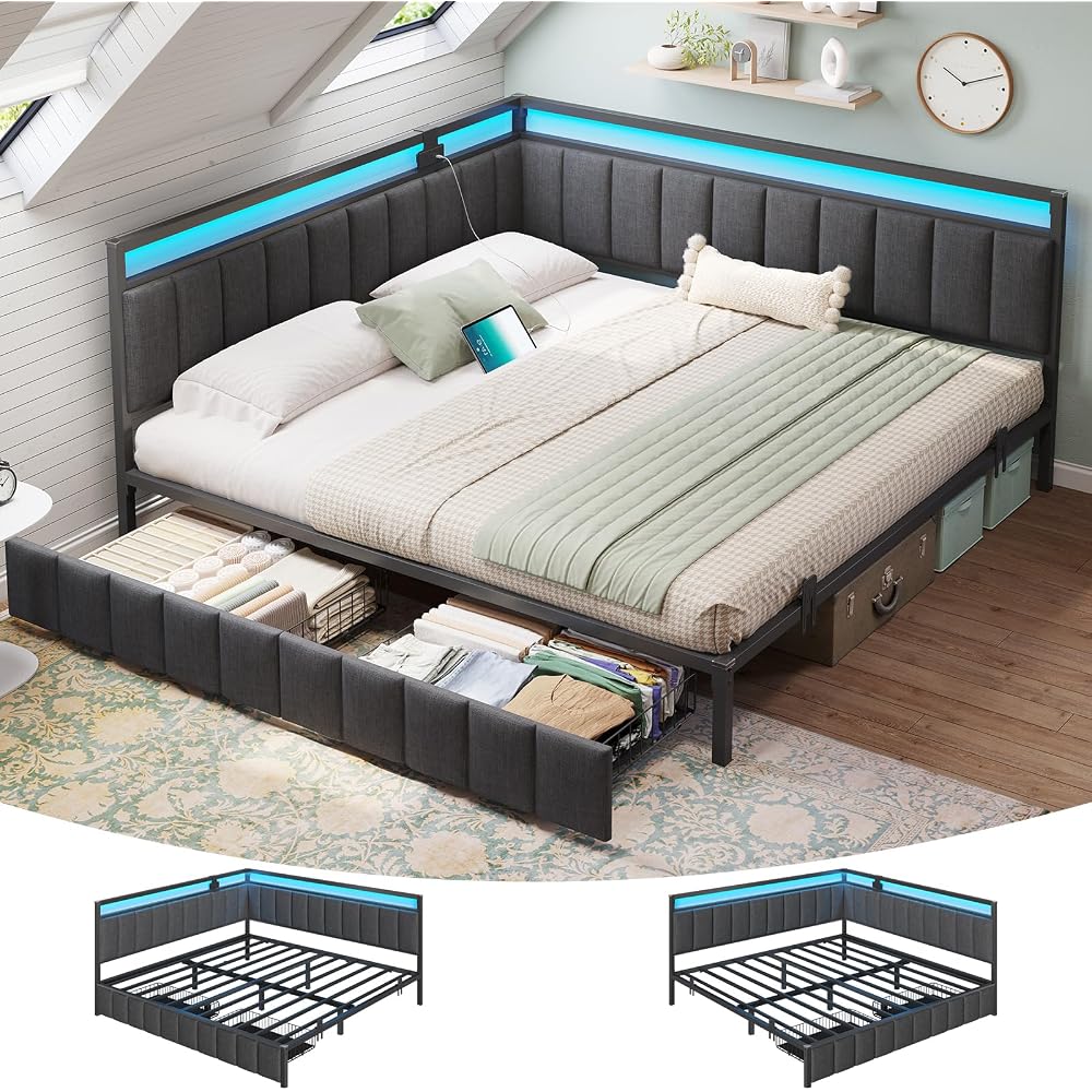 King Corner Bed Frame with 2 Storage Drawers,LED Lights & Charging Station