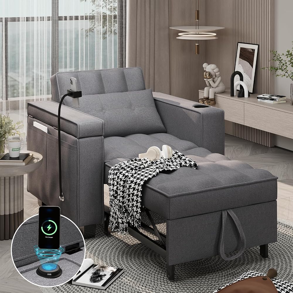 3-in-1 Convertible Chair Bed Sleeper with Phone Holder, Pull Out Sofa Bed with USB & Type C Port and Wireless Charging, Reading Chair with Adjustable Backrest for Living Room
